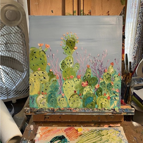 ORIGINAL Cactus Oil Painting Desert 12 X 12 Inches Contemporary Impasto - Picture 5 of 12